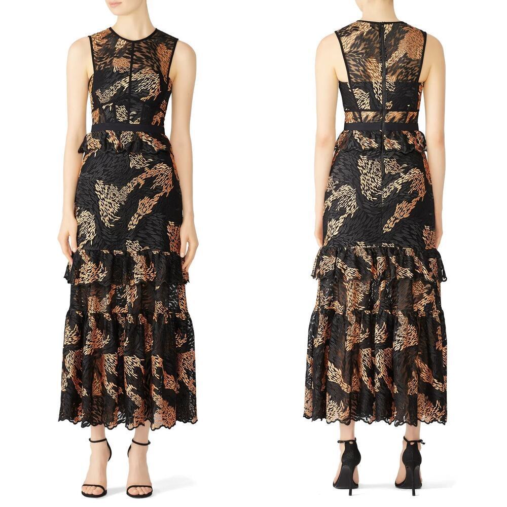 Three Floor Pine For You Dress Sleeveless Ruffle Maxi Formal Party Black Gold Xs